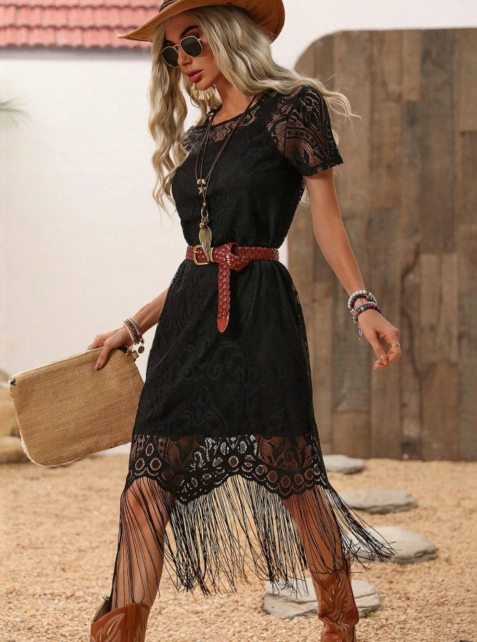 Western Lace Fringe Dress — Boho Cowgirl Short Sleeve Tassel Midi Dress