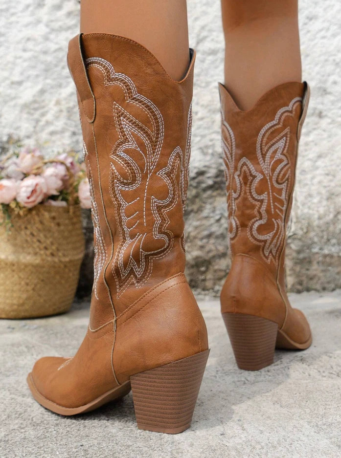 Camel Western Cowgirl Boots – Embroidered Mid-Calf Rodeo Boots | Pointed Toe