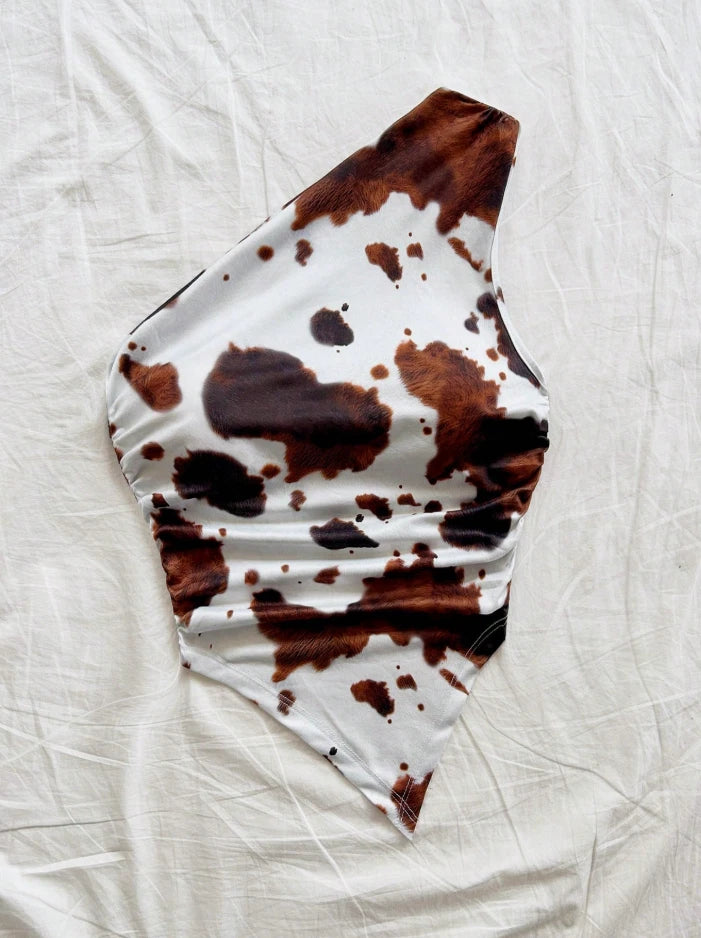 Women’s Western Cow Print One-Shoulder Bodysuit — Rodeo Festival & Country Conce
