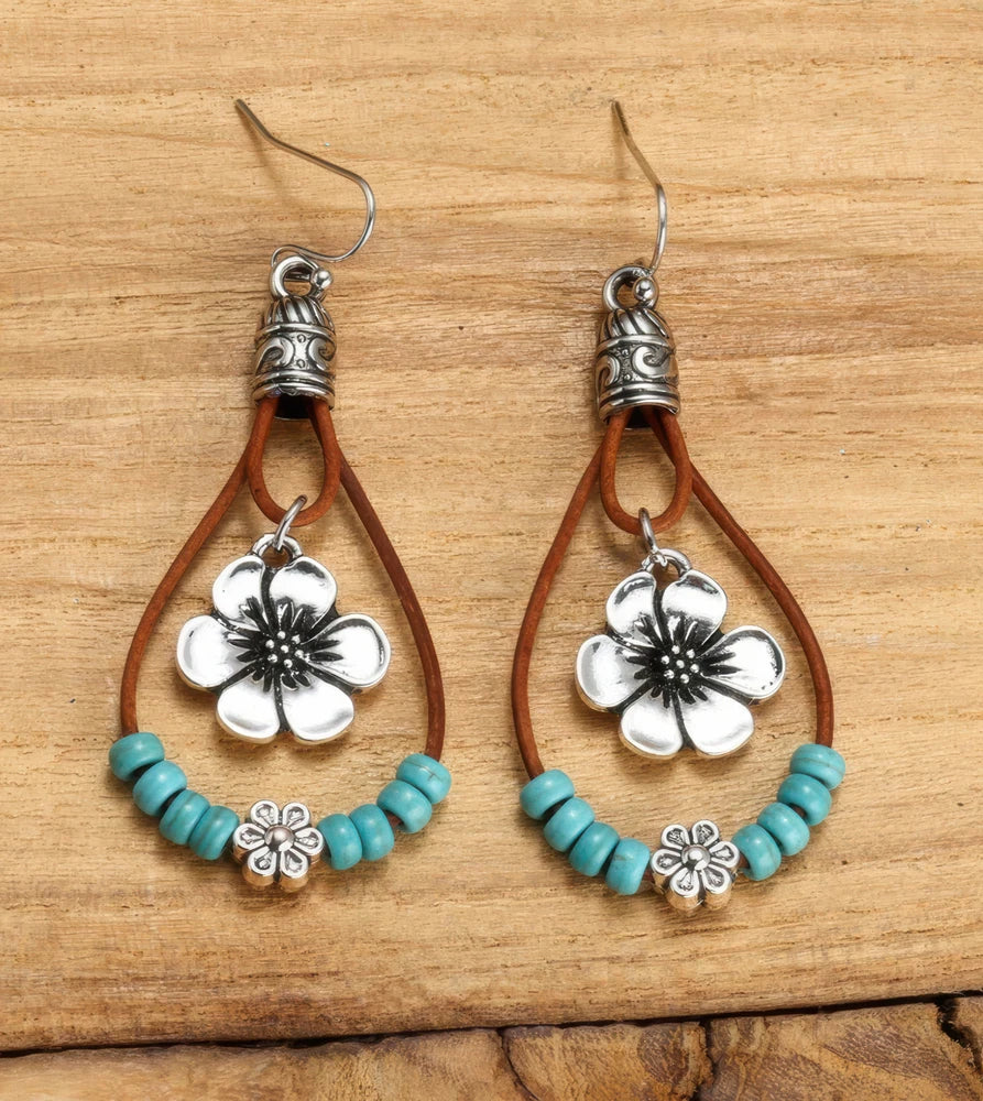 Turquoise Beaded Western Flower Earrings – Cowgirl Boho Dangle Jewelry