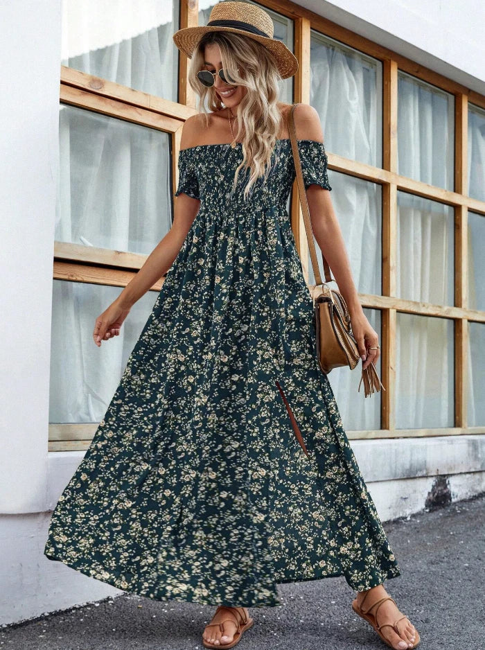 Boho Western Floral Off-Shoulder Maxi Dress — Summer Smocked Prairie Sundress