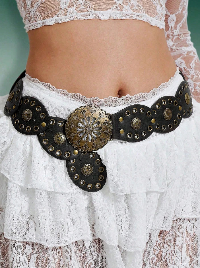 Western Concho Belt – Brown or Black Cowgirl Studded Waist Belt, Rodeo Boho