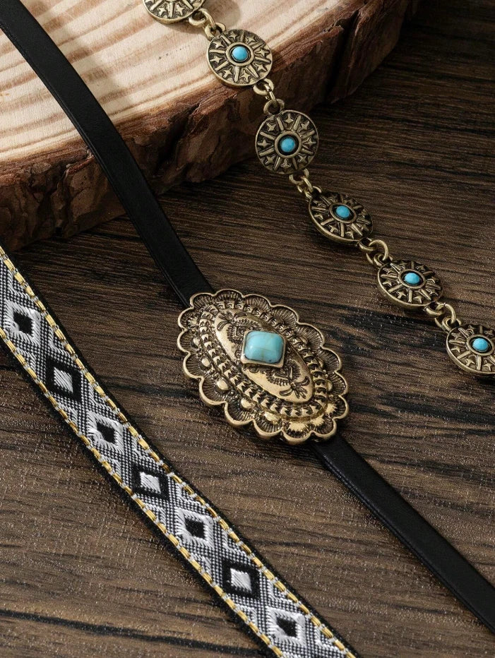 Women’s Western Layered Turquoise Choker Necklace Set — Boho Cowgirl Festival