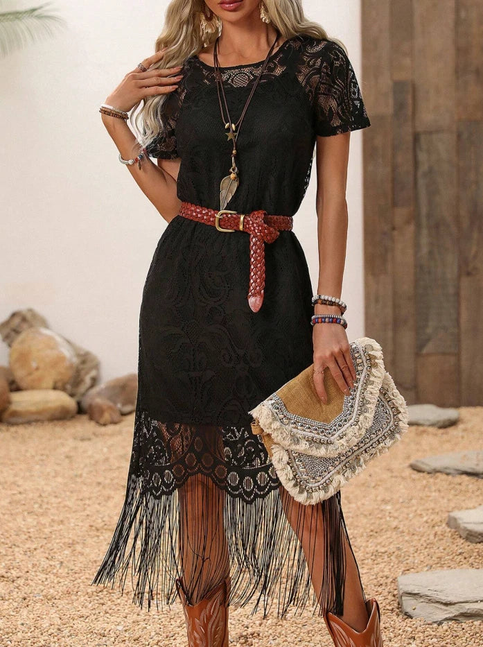 Western Lace Fringe Dress — Boho Cowgirl Short Sleeve Tassel Midi Dress