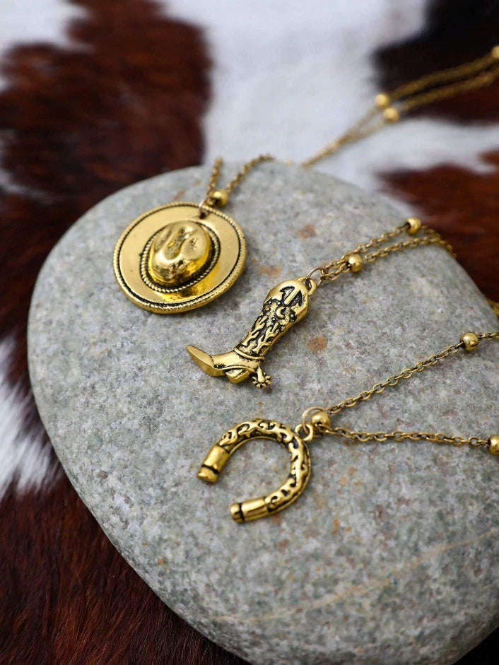 Western Layered Necklace Set – Cowgirl Boot, Horseshoe & Rodeo Hat Pendants