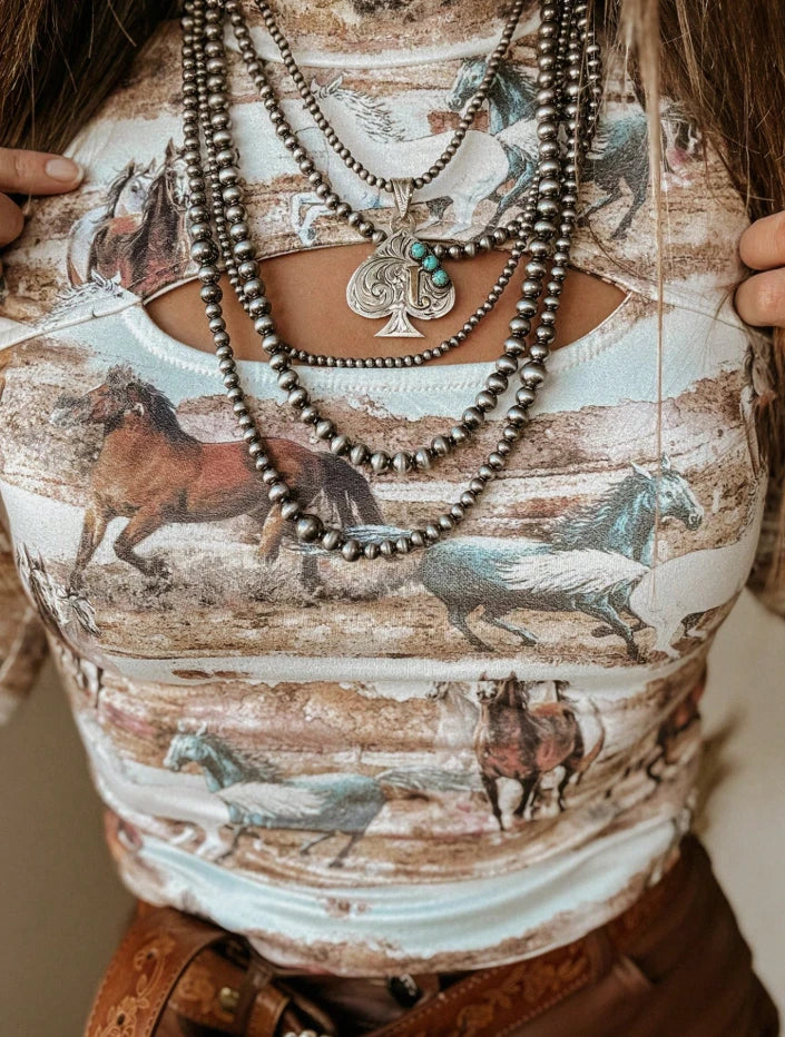 Western Wild Horse Print Cutout Long Sleeve Top | Vintage Rodeo Cowgirl Aestheti