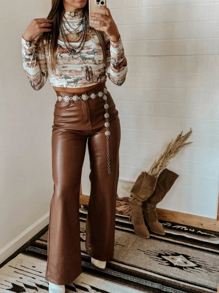 Western Wild Horse Print Cutout Long Sleeve Top | Vintage Rodeo Cowgirl Aestheti