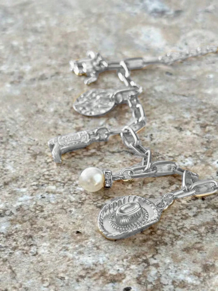 Western Charm Bracelet – Cowboy Hat, Boot, Pearl + Rodeo Charms