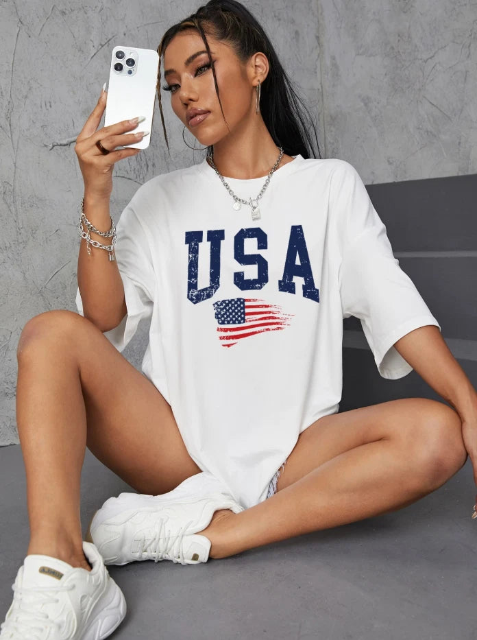 USA Graphic Oversized T-Shirt Women’s Summer Streetwear Patriotic American Flag