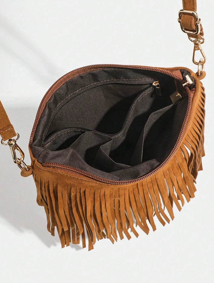 Western Fringe Suede Crossbody Bag – Boho Western Festival Purse, Brown or Black