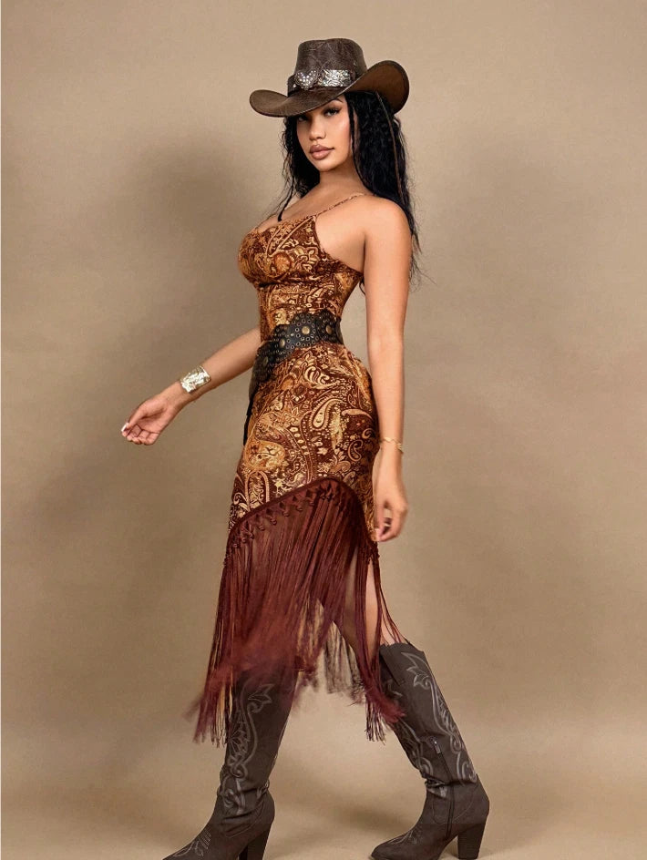 Western Fringe Paisley Bodycon Dress – Cowgirl Rodeo Outfit, Brown Boho
