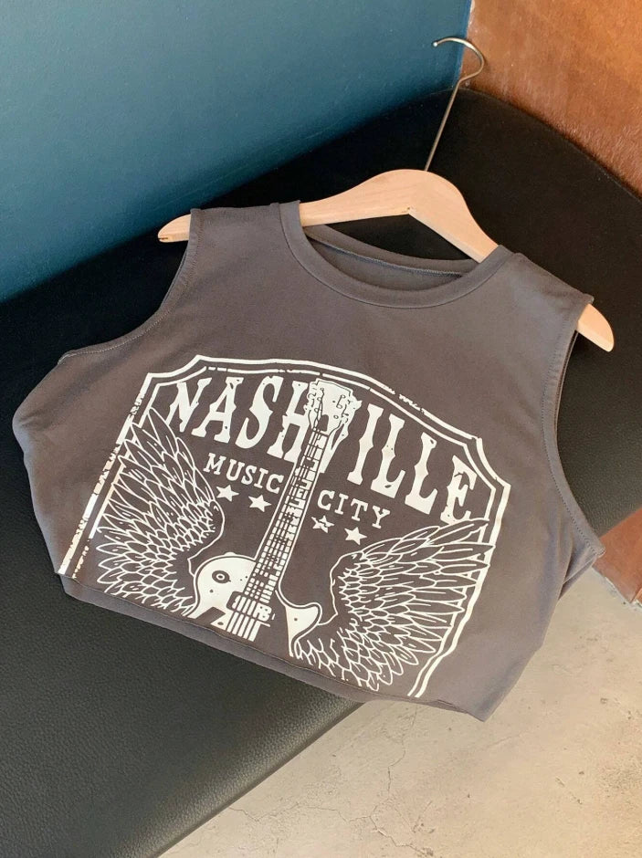 Nashville Music City Graphic Crop Tank Top — Vintage Rock Western Country