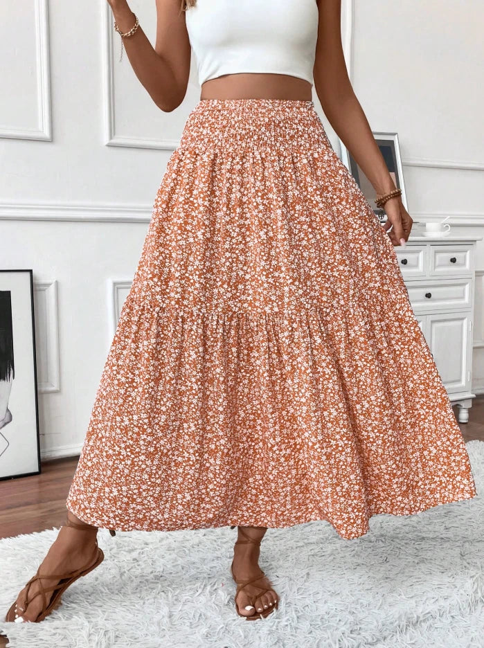 Boho Floral Tiered Maxi Skirt Women’s High Waist Smocked Ruffle Summer