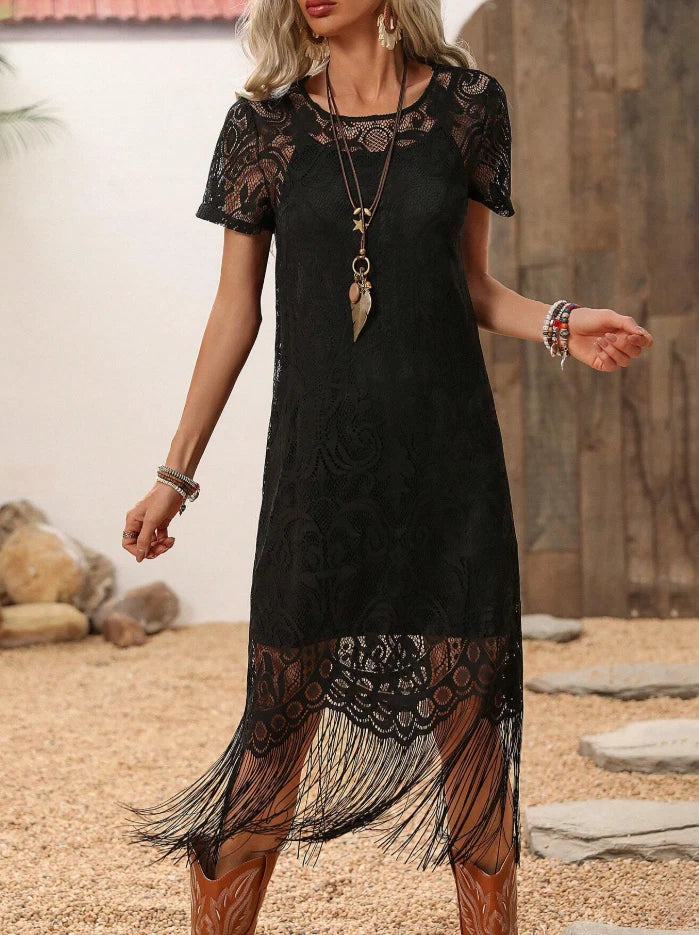 Western Lace Fringe Dress — Boho Cowgirl Short Sleeve Tassel Midi Dress