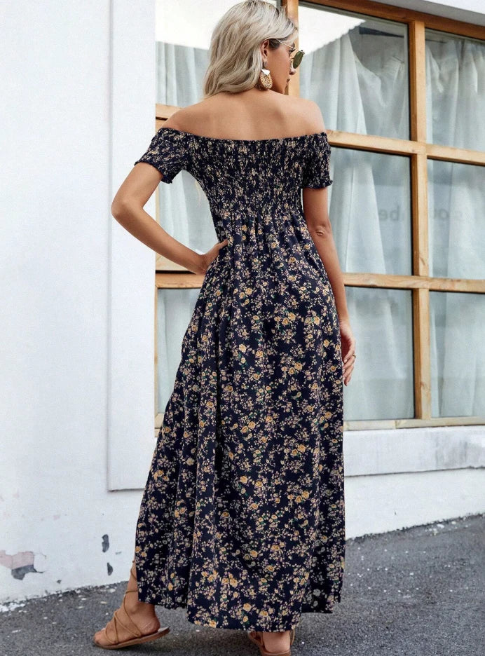 Boho Western Floral Off-Shoulder Maxi Dress — Summer Smocked Prairie Sundress
