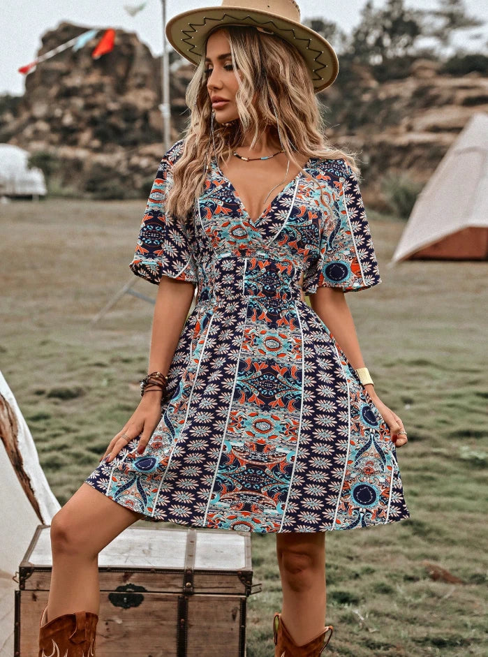 Boho Western Festival Mini Dress — Vintage Floral Print Short Sleeve V-Neck