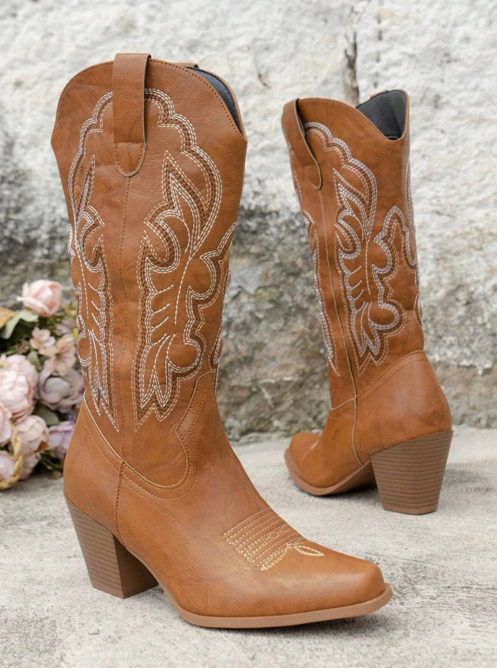Camel Western Cowgirl Boots – Embroidered Mid-Calf Rodeo Boots | Pointed Toe