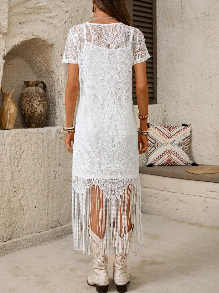 Western Lace Fringe Dress — Boho Cowgirl Short Sleeve Tassel Midi Dress