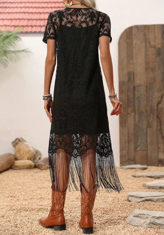 Western Lace Fringe Dress — Boho Cowgirl Short Sleeve Tassel Midi Dress