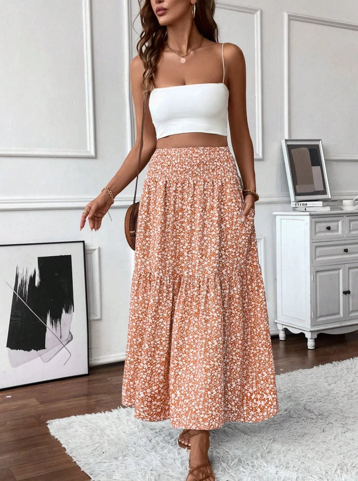 Boho Floral Tiered Maxi Skirt Women’s High Waist Smocked Ruffle Summer