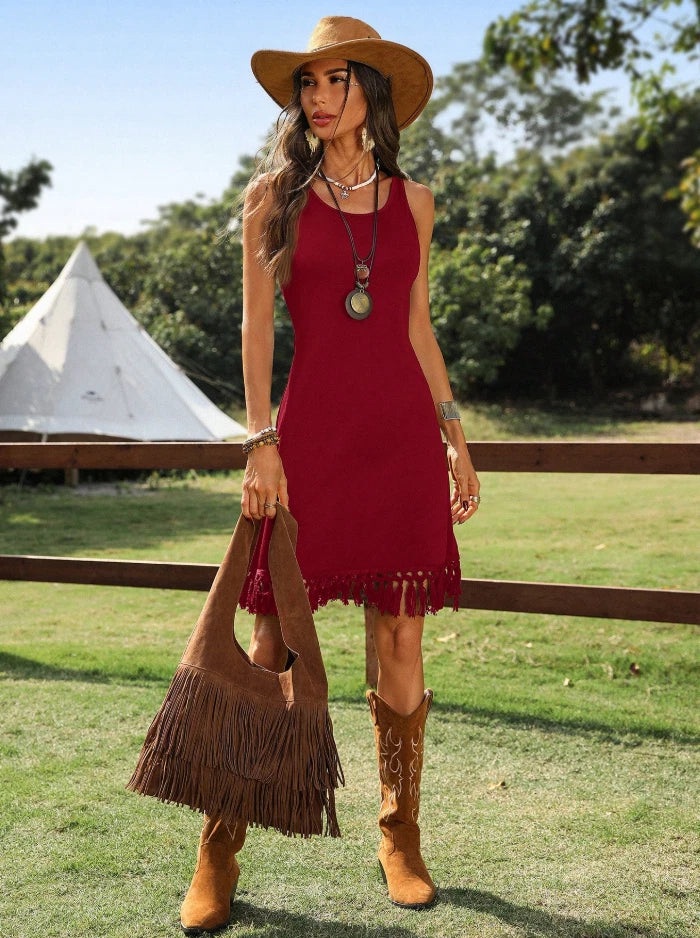 Western Cowgirl Fringe Hem Sleeveless Dress – Boho Rodeo Festival Look