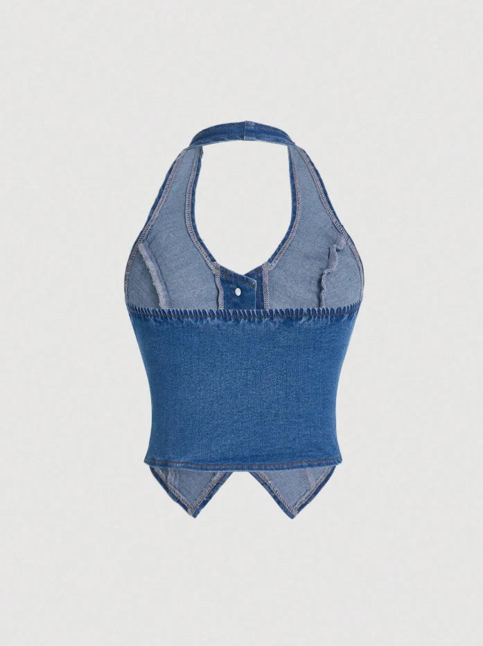 Denim Cowgirl Halter Corset Top – Western Y2K Button Front Festival Vest, Rodeo