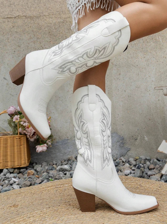 White Western Cowgirl Boots – Embroidered Mid-Calf Rodeo Boots