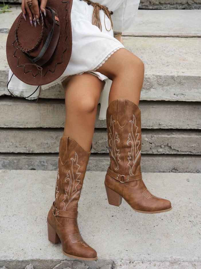 Women's Western Cowboy Boots – Brown Knee-High Boots with Embroidered Detail