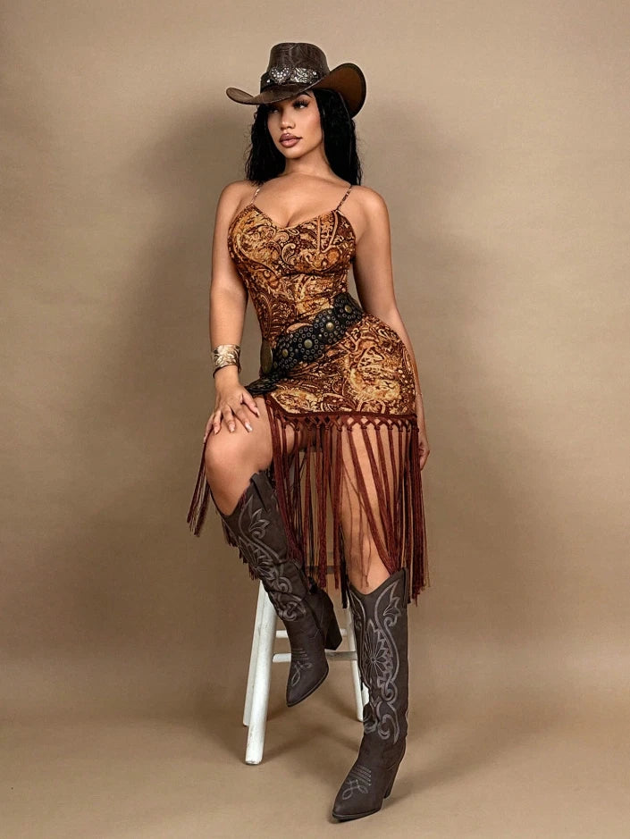 Western Fringe Paisley Bodycon Dress – Cowgirl Rodeo Outfit, Brown Boho
