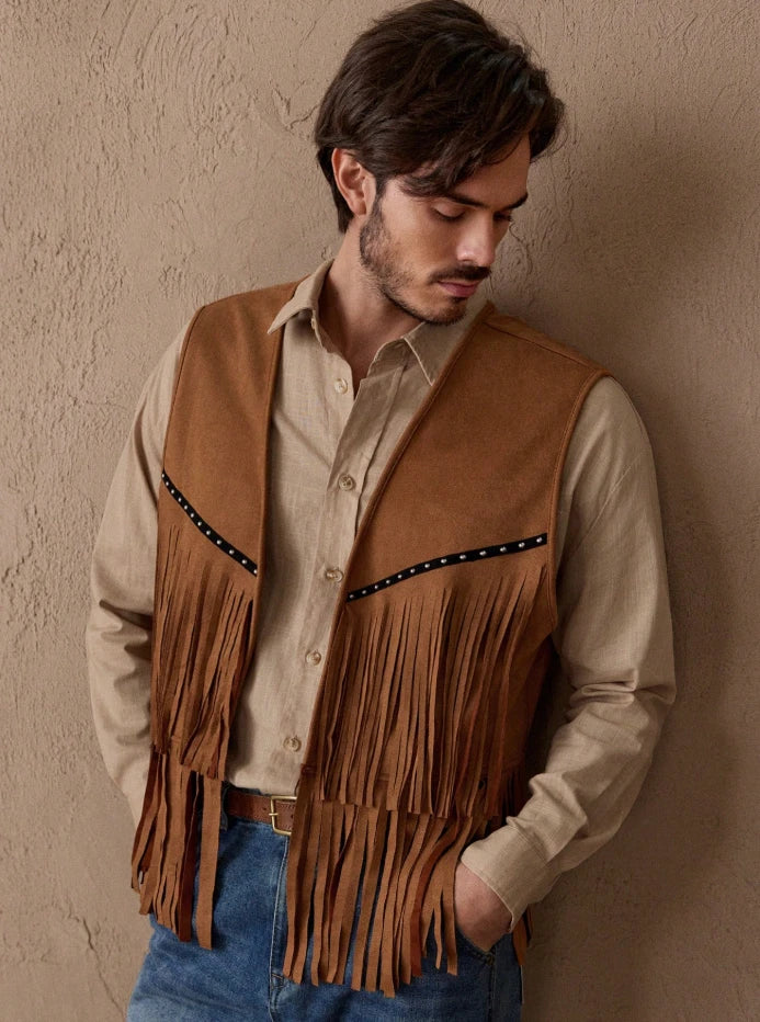 Men’s Western Suede Fringe Vest — Cowboy Rodeo Vintage Style