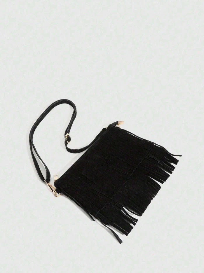 Western Fringe Suede Crossbody Bag – Boho Western Festival Purse, Brown or Black