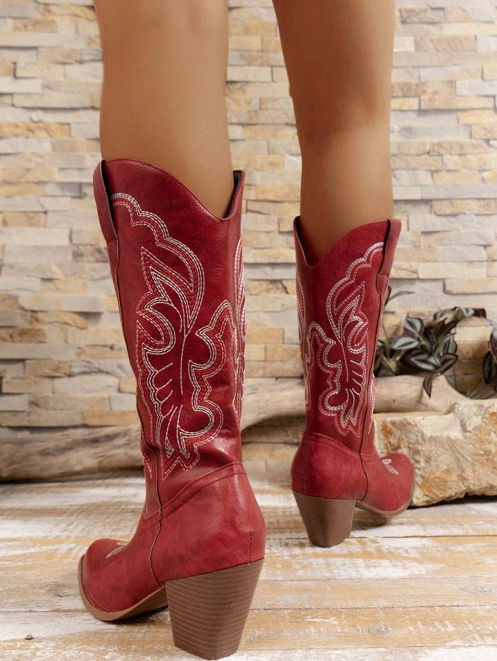 Red Western Cowgirl Boots – Embroidered Mid-Calf Rodeo Boots