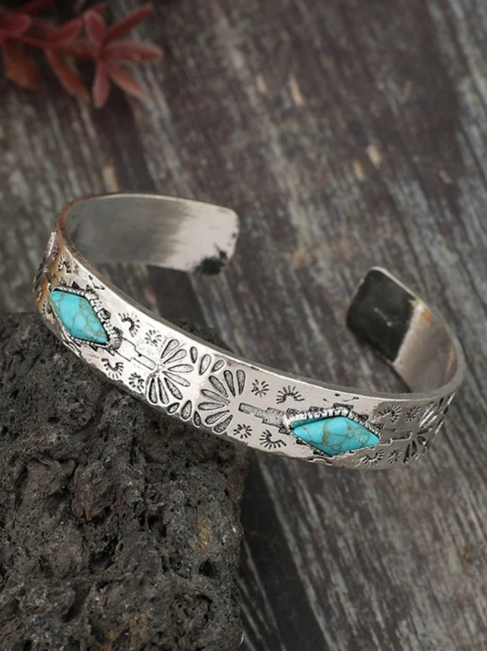 Western Turquoise Cuff Bracelet – Silver Boho Bangle, Southwest Cowgirl Jewelry