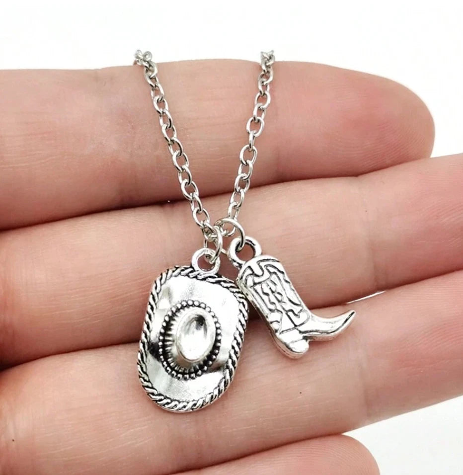 Western Cowboy Hat & Boot Charm Necklace — Country Rodeo Cowgirl Silver Pendant