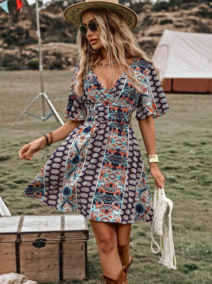 Boho Western Festival Mini Dress — Vintage Floral Print Short Sleeve V-Neck