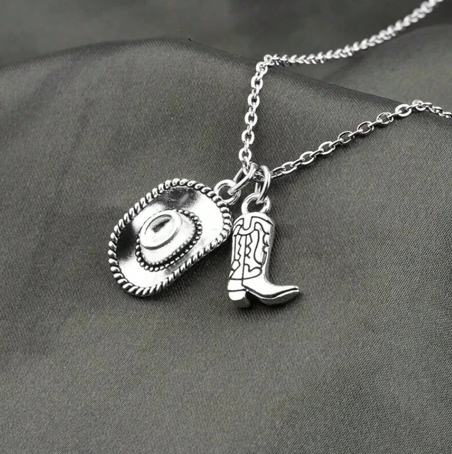 Western Cowboy Hat & Boot Charm Necklace — Country Rodeo Cowgirl Silver Pendant