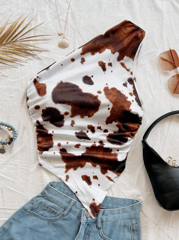 Women’s Western Cow Print One-Shoulder Bodysuit — Rodeo Festival & Country Conce