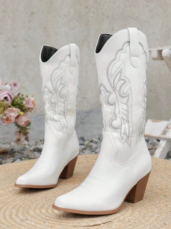 White Western Cowgirl Boots – Embroidered Mid-Calf Rodeo Boots