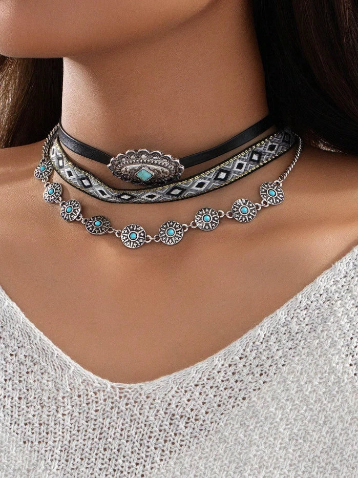 Women’s Western Layered Turquoise Choker Necklace Set — Boho Cowgirl Festival