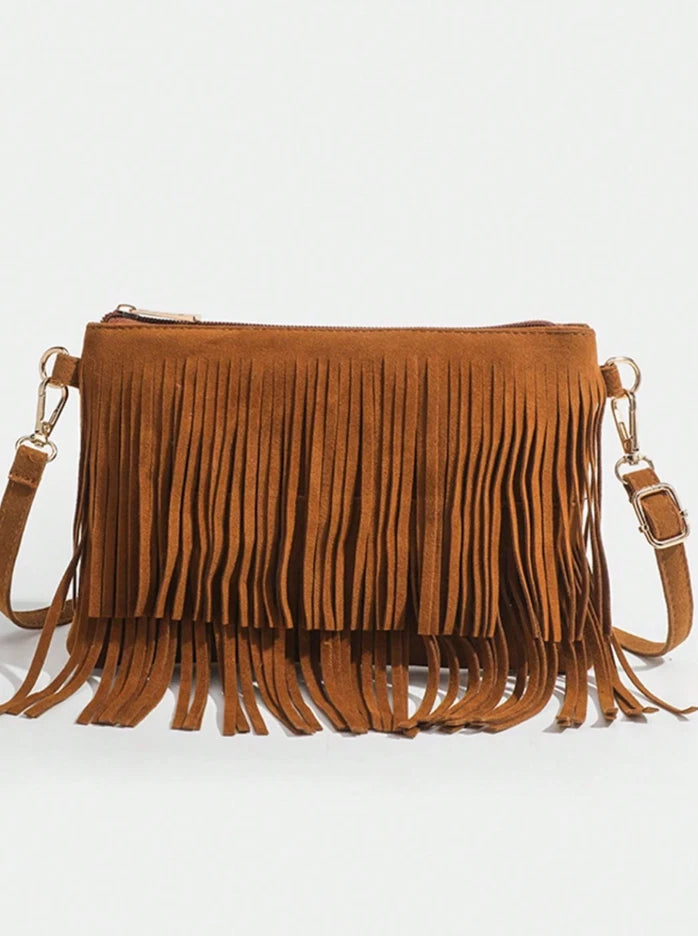 Western Fringe Suede Crossbody Bag – Boho Western Festival Purse, Brown or Black