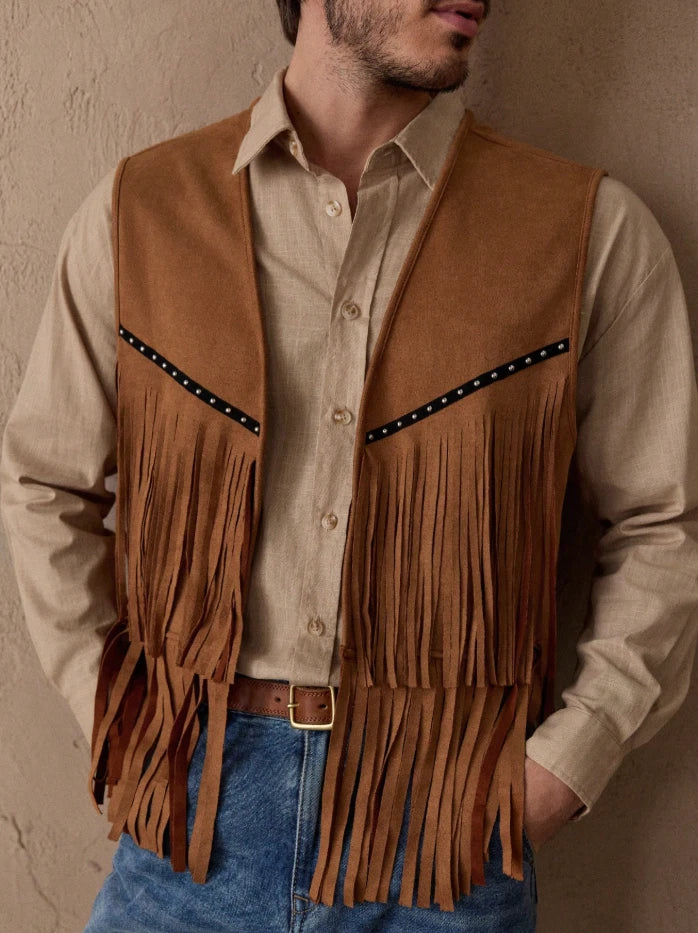 Men’s Western Suede Fringe Vest — Cowboy Rodeo Vintage Style
