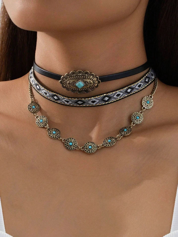 Women’s Western Layered Turquoise Choker Necklace Set — Boho Cowgirl Festival