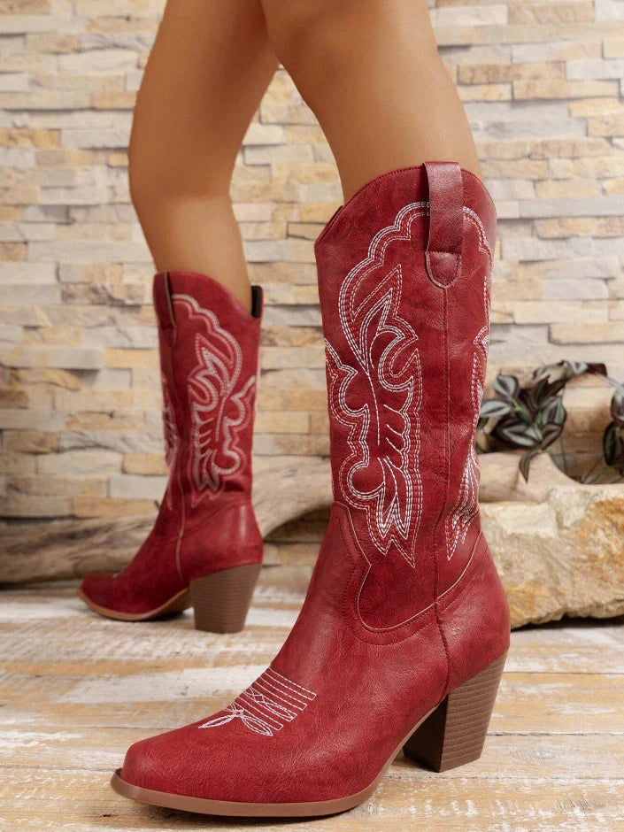 Red Western Cowgirl Boots – Embroidered Mid-Calf Rodeo Boots