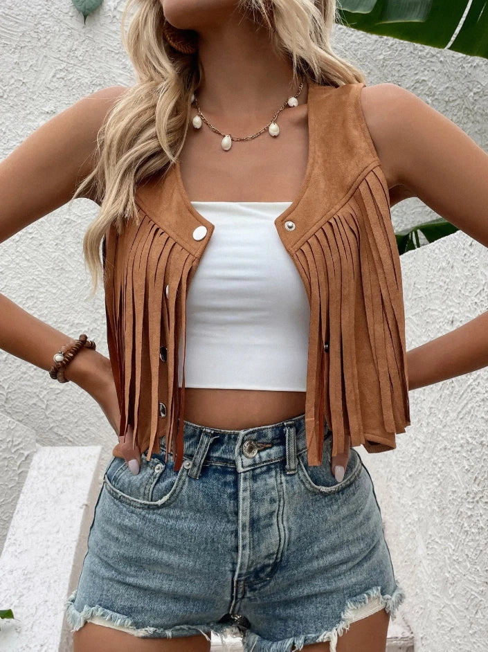 Western Fringe Suede Vest – Country Concert Cowgirl Outfit | Rodeo Festival Top