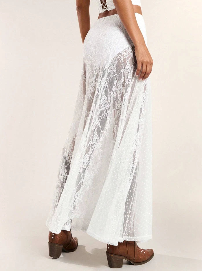 Western Boho Sheer Lace Maxi Skirt — Festival Cowgirl See-Through Layered Mesh