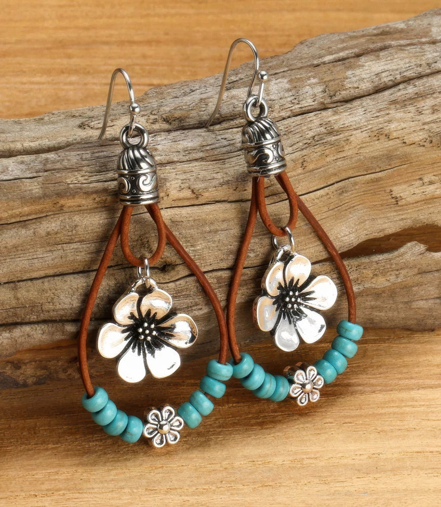 Turquoise Beaded Western Flower Earrings – Cowgirl Boho Dangle Jewelry