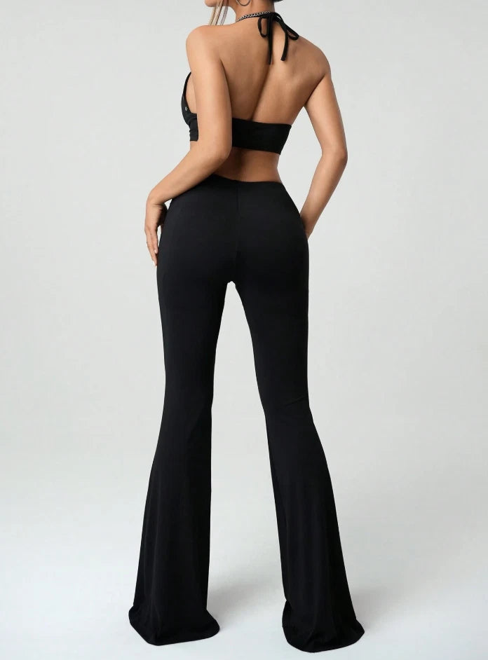 Western Cowgirl Black Lace-Up Two Piece Set — Halter Crop Top & Flare Pants