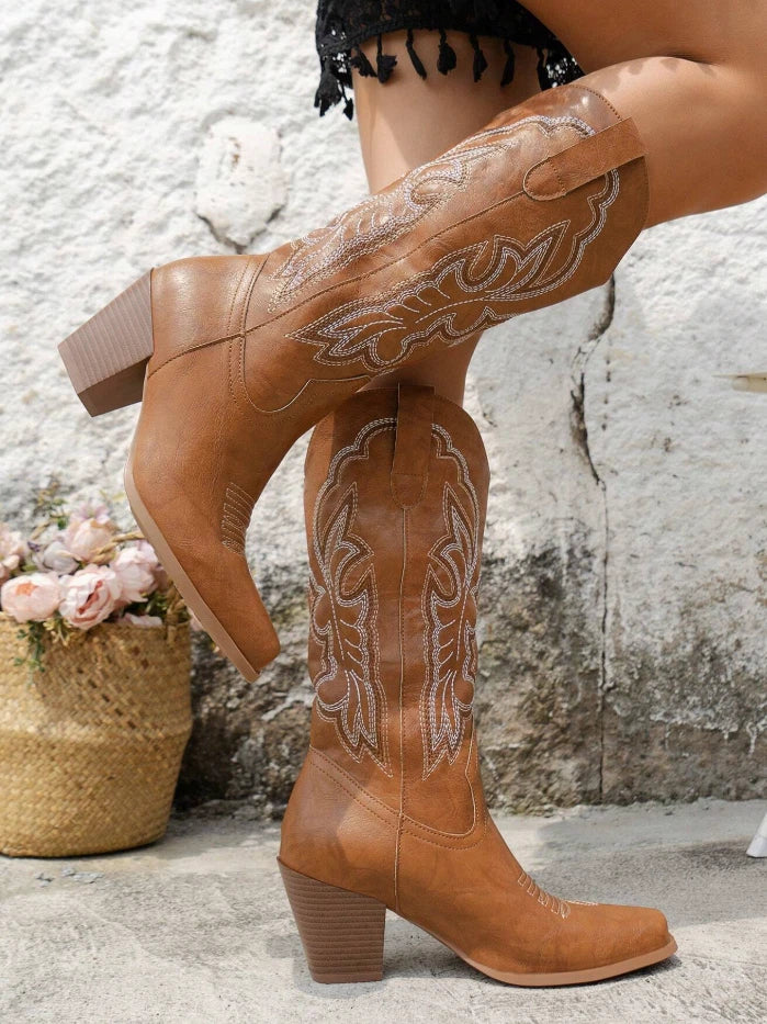 Camel Western Cowgirl Boots – Embroidered Mid-Calf Rodeo Boots | Pointed Toe
