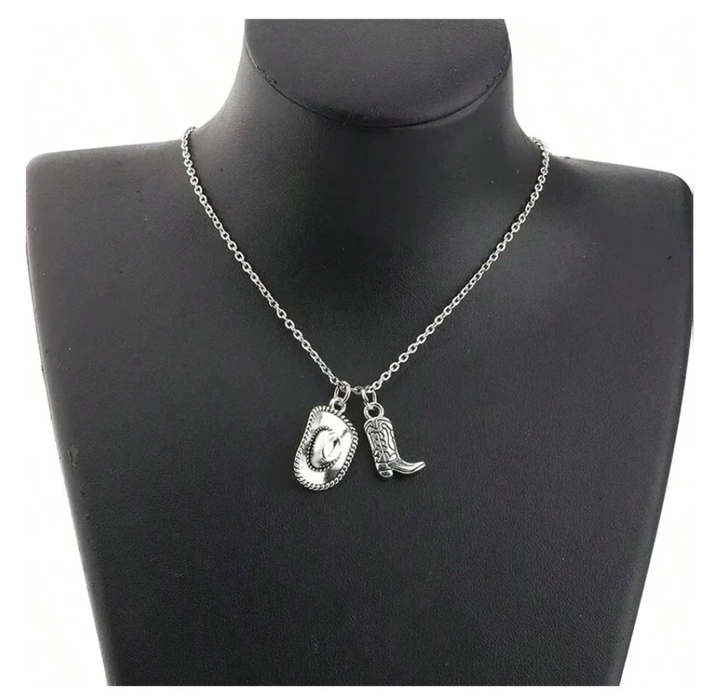 Western Cowboy Hat & Boot Charm Necklace — Country Rodeo Cowgirl Silver Pendant