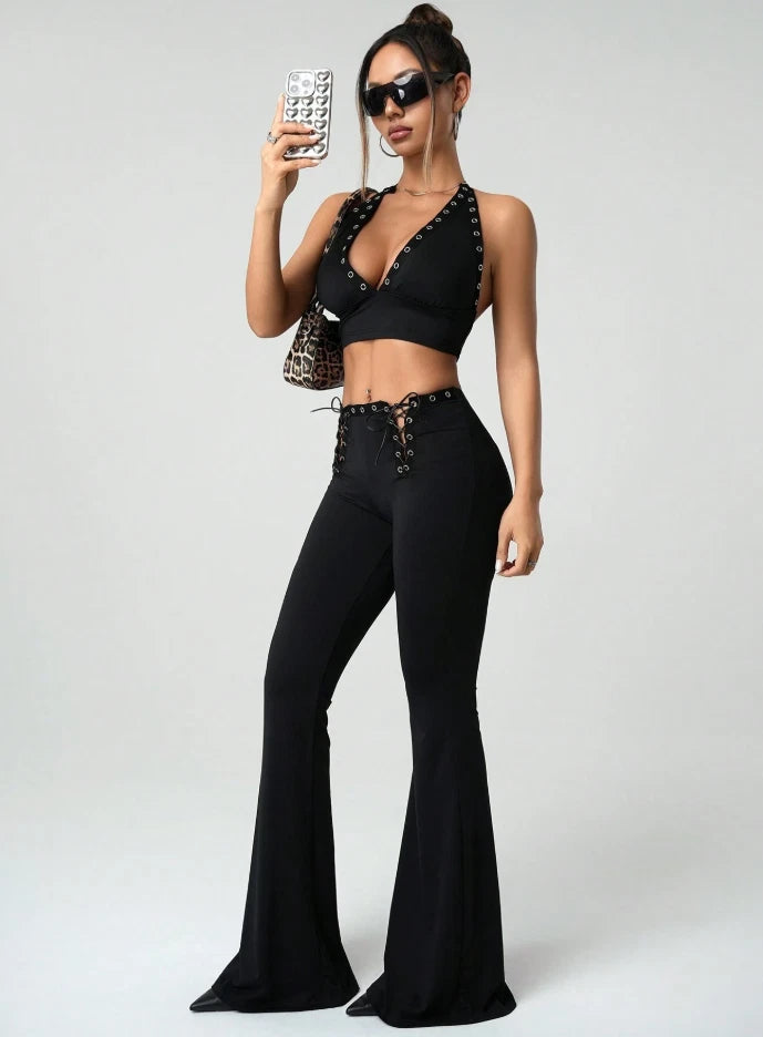 Western Cowgirl Black Lace-Up Two Piece Set — Halter Crop Top & Flare Pants